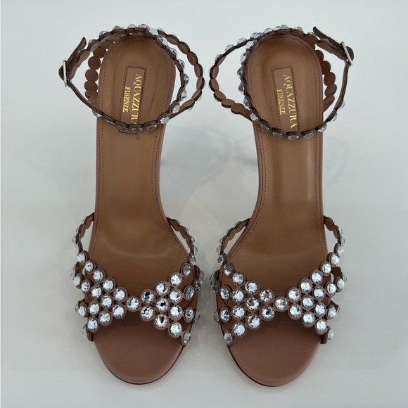 AQUAZZURA BEIGE TAN TEQUILA CRYSTAL SANDALS SIZE IT 37.5 / US 7.5 - Picture 1 of 17